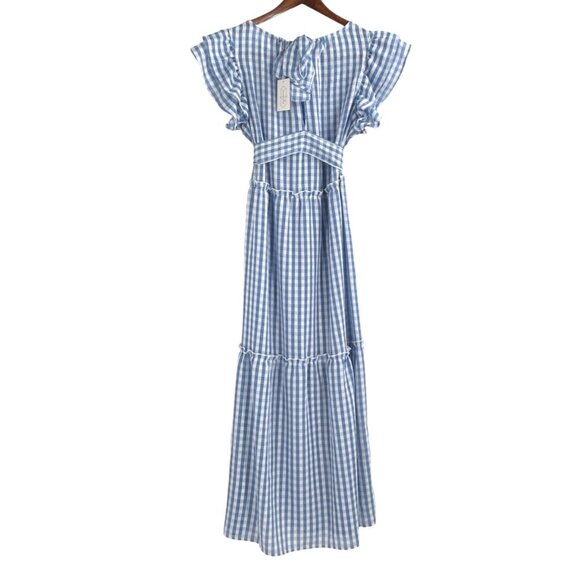 NWT Mud Pie Womens Medium Gingham Ruffle Sleeve Tiered Maxi Dress Blue Cottage - Picture 2 of 9